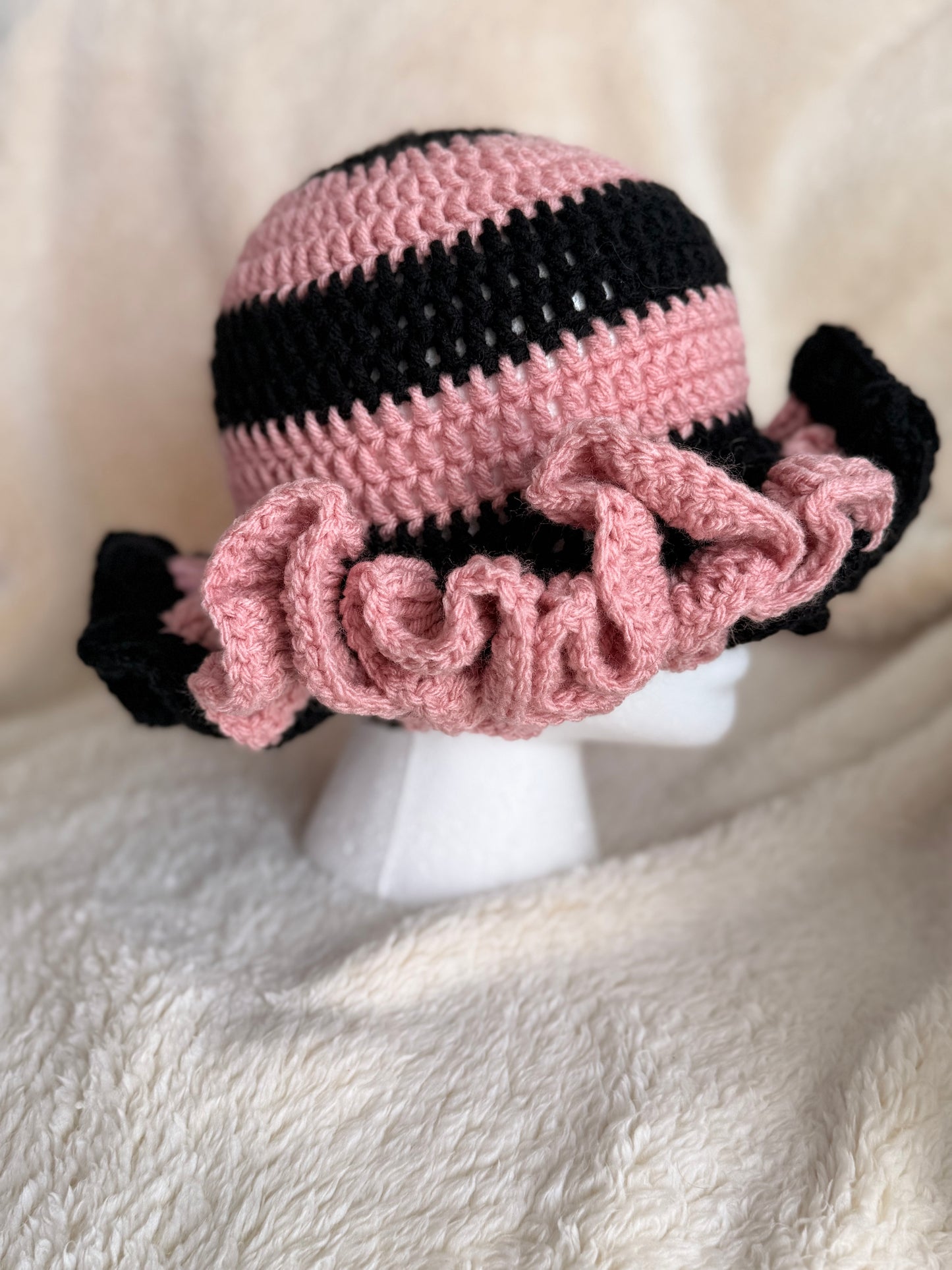 Pink and black Ruffle beanie