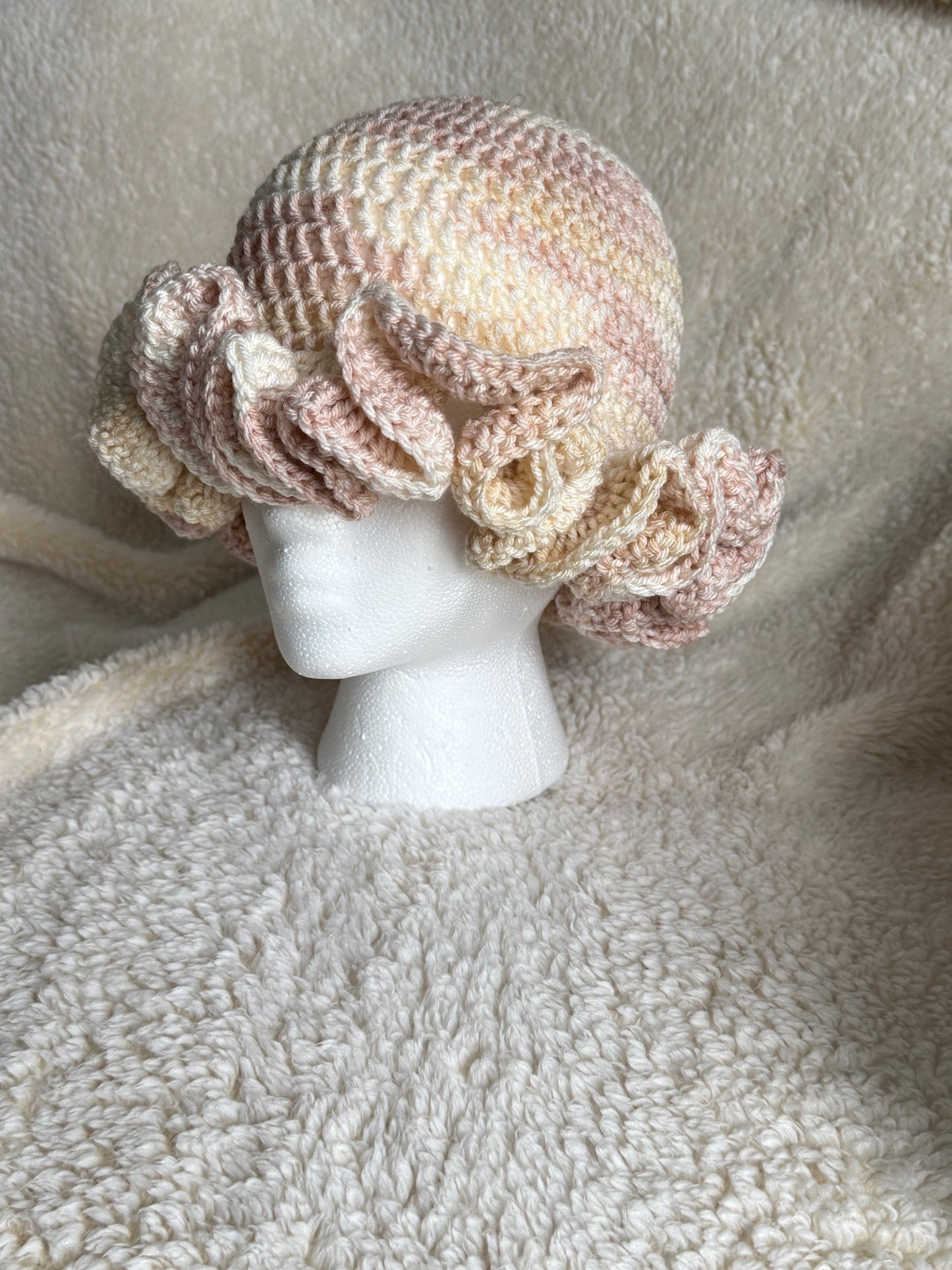 Pink/beige/white ombré Ruffle beanie