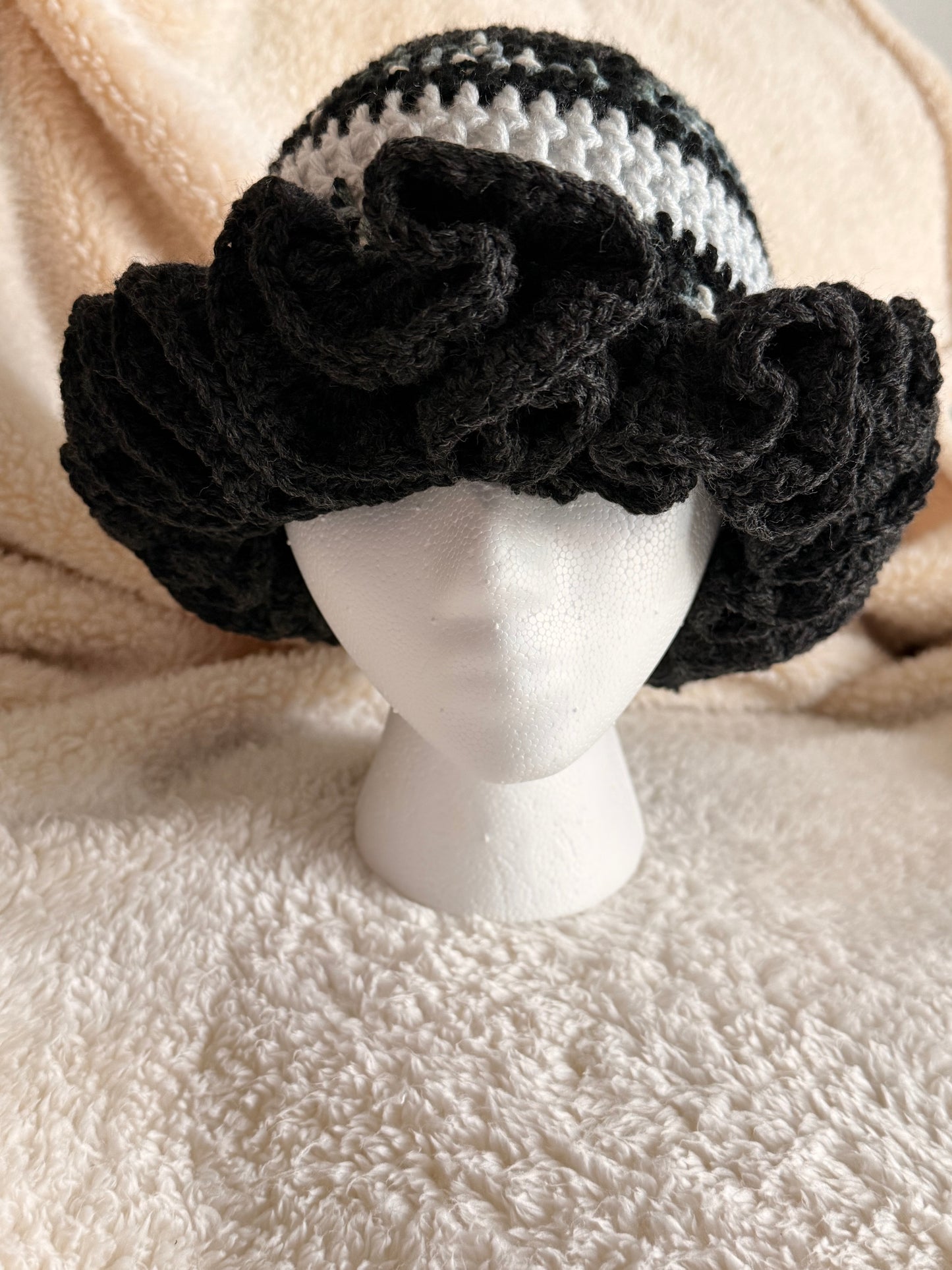Black/blue/gray ombré Ruffle beanie