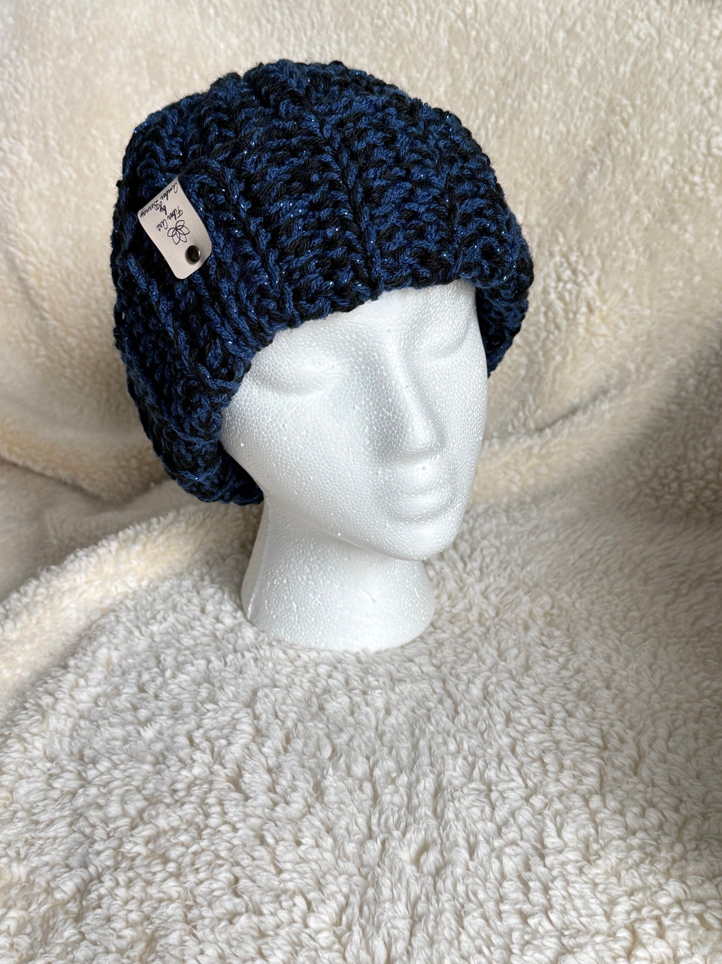 Black and Sparkly blue ribbed beanie