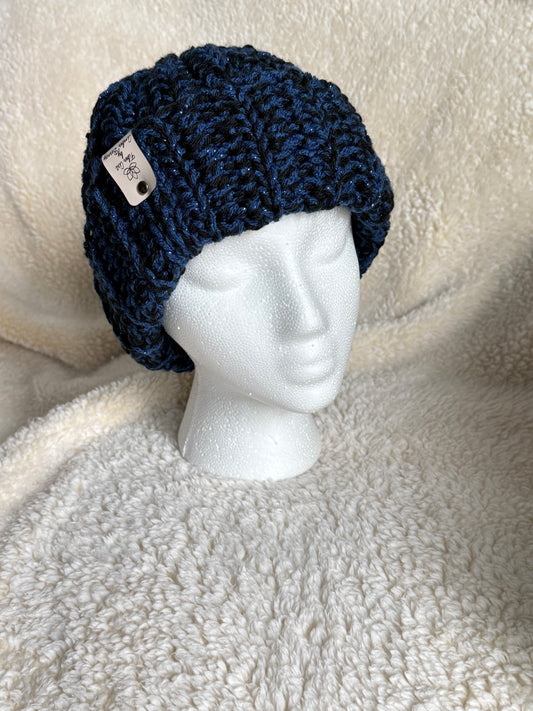 Black and Sparkly blue ribbed beanie