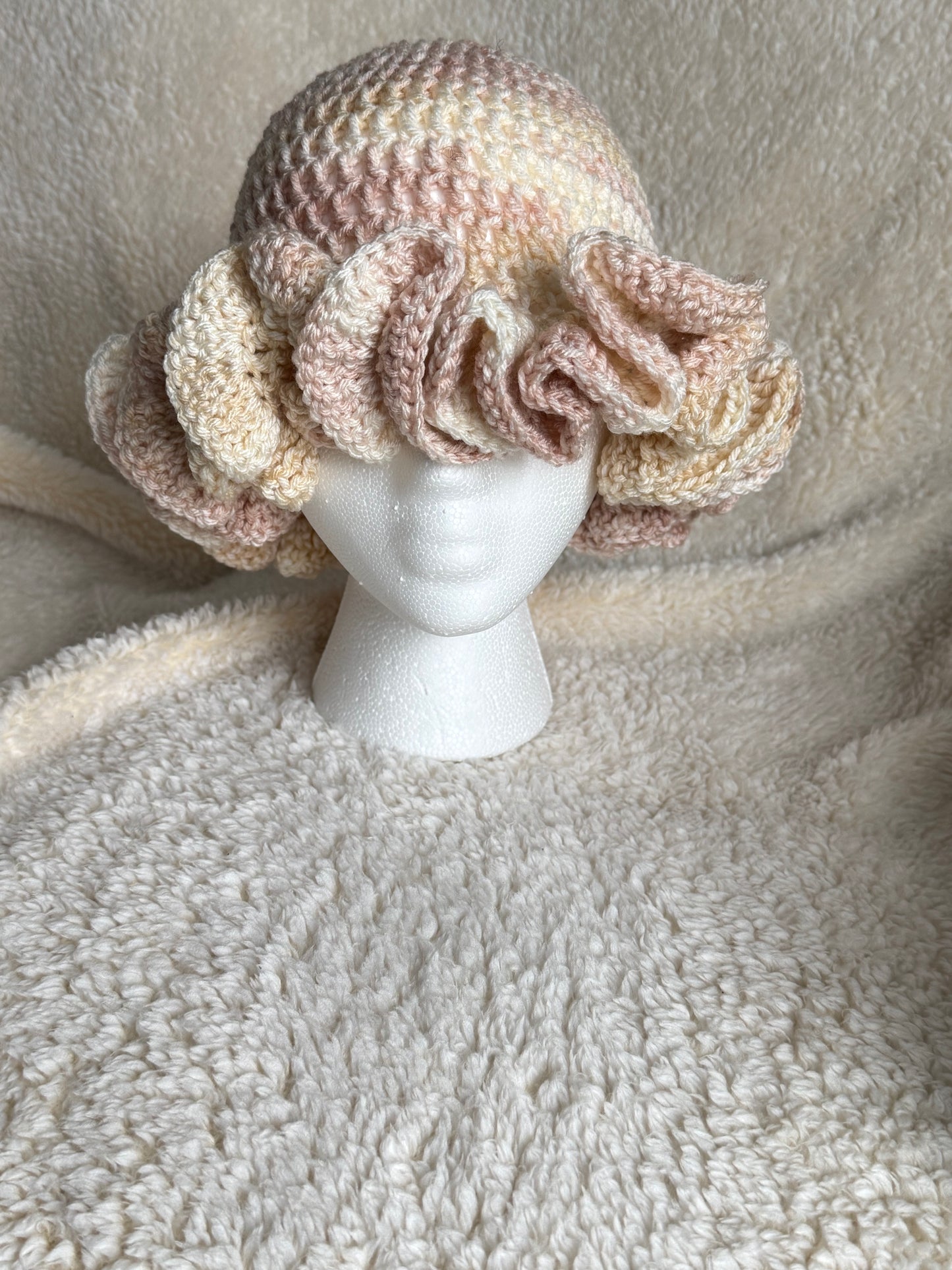 Pink/beige/white ombré Ruffle beanie