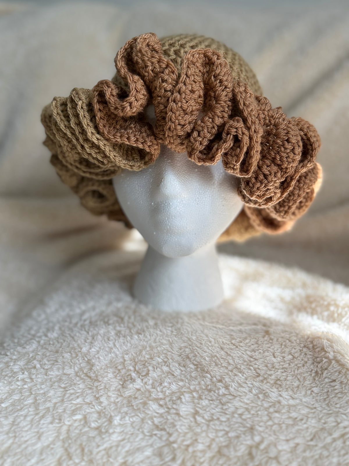Toasted Almond and beige Ruffle Beanie