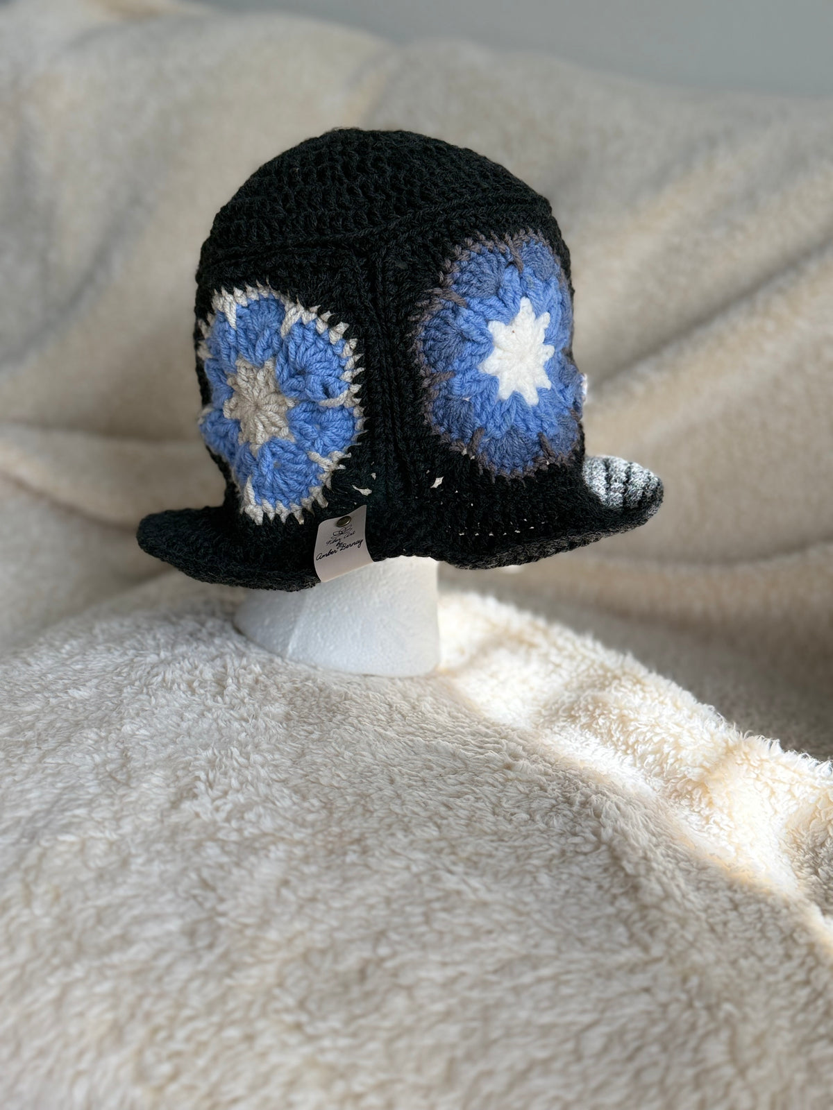 Blue flower granny square bucket hat