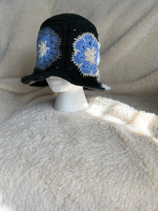 Blue flower granny square bucket hat